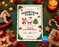Uitnodiging van Seven Four Templates voor feestelijke gelegenheid met 'Let's Get Merry' ontwerp, kleurrijk en feestelijk.