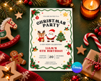 Uitnodiging van Seven Four Templates voor feestelijke gelegenheid met 'Let's Get Merry' ontwerp, kleurrijk en feestelijk.