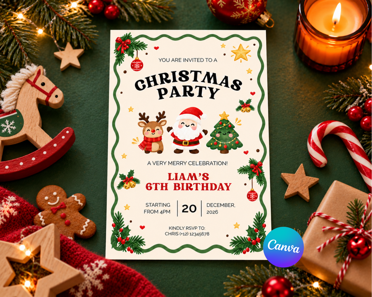 Uitnodiging van Seven Four Templates voor feestelijke gelegenheid met 'Let's Get Merry' ontwerp, kleurrijk en feestelijk.