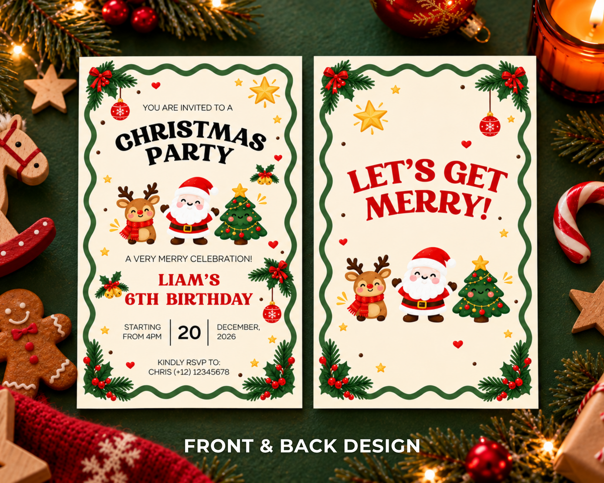 Uitnodiging van Seven Four Templates met feestelijk ontwerp en tekst 'Let's Get Merry' voor speciale gelegenheden