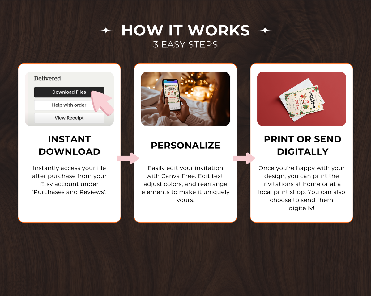 Gezicht op de Let's Get Merry uitnodiging van Seven Four Templates met feestelijke ontwerpen en kleurrijke details.